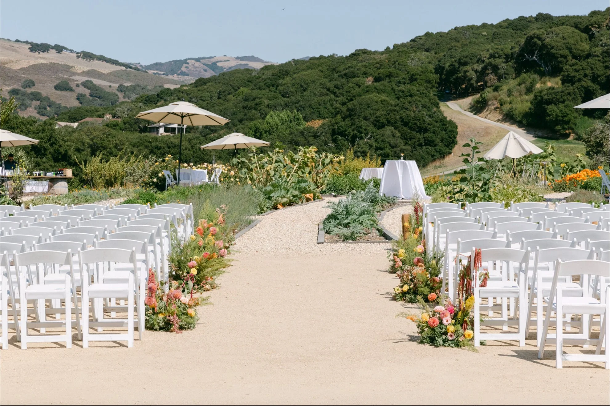 Outdoor vineyard wedding ceremony featuring white chairs, colorful loose floral arrangements lining the aisle, elegant parasols, and manicured greenery set against scenic vineyard views, thoughtfully designed by a luxury full-service wedding planner.
