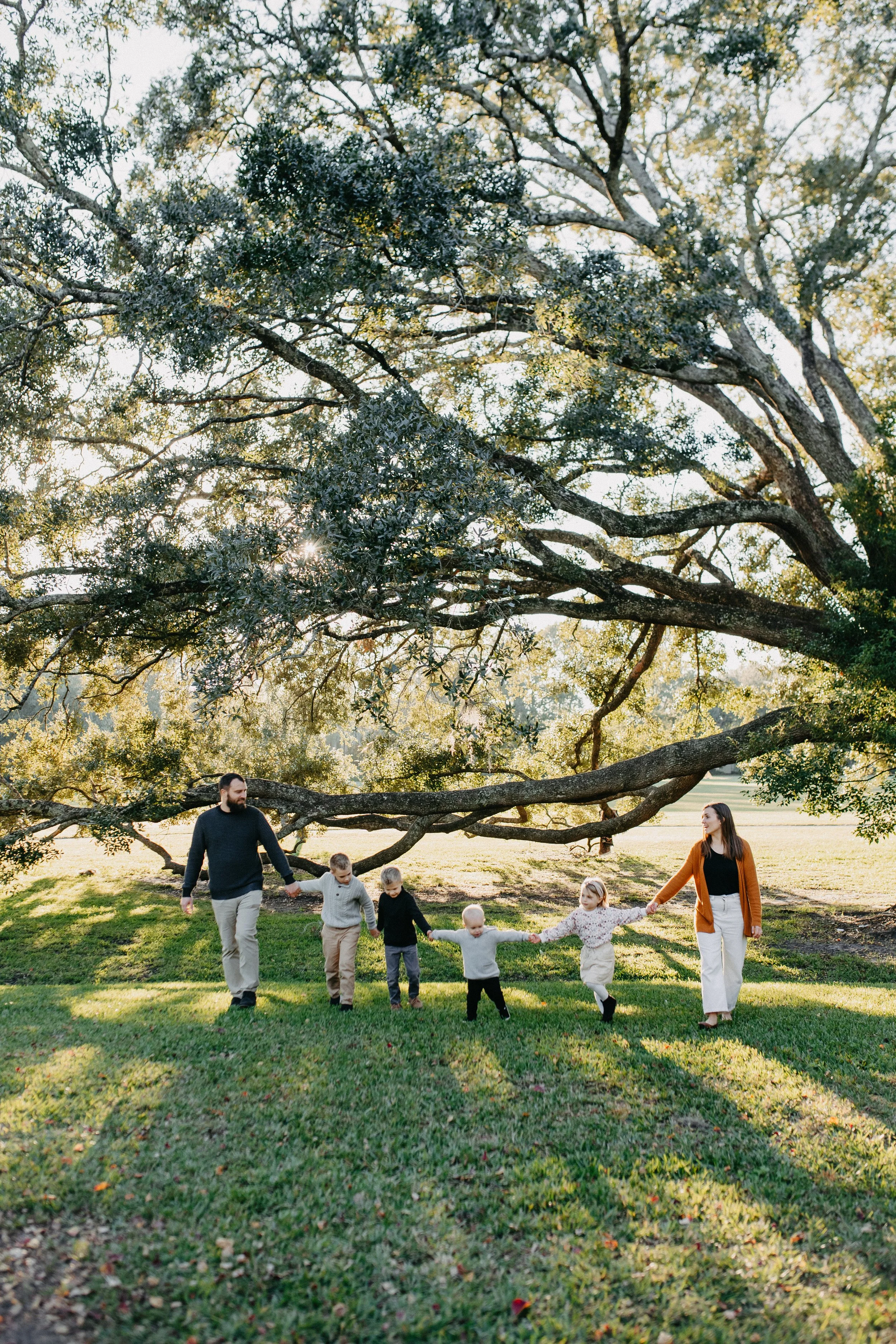 Family of six holding hands and walking on grass under a large tree during sunset.