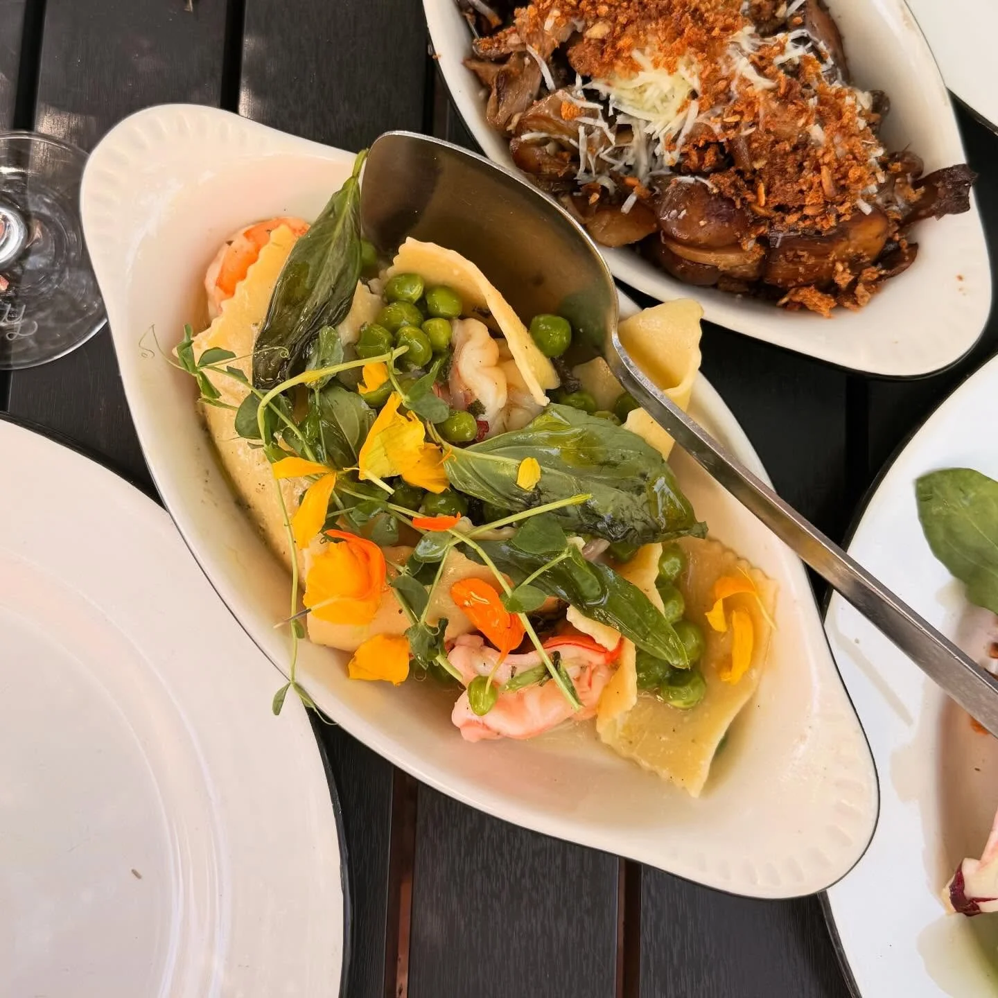 Housemade Maltagliata Egg Pasta, Wild Gulf Shrimp, English Peas, Pea Shoots, Basil Butter