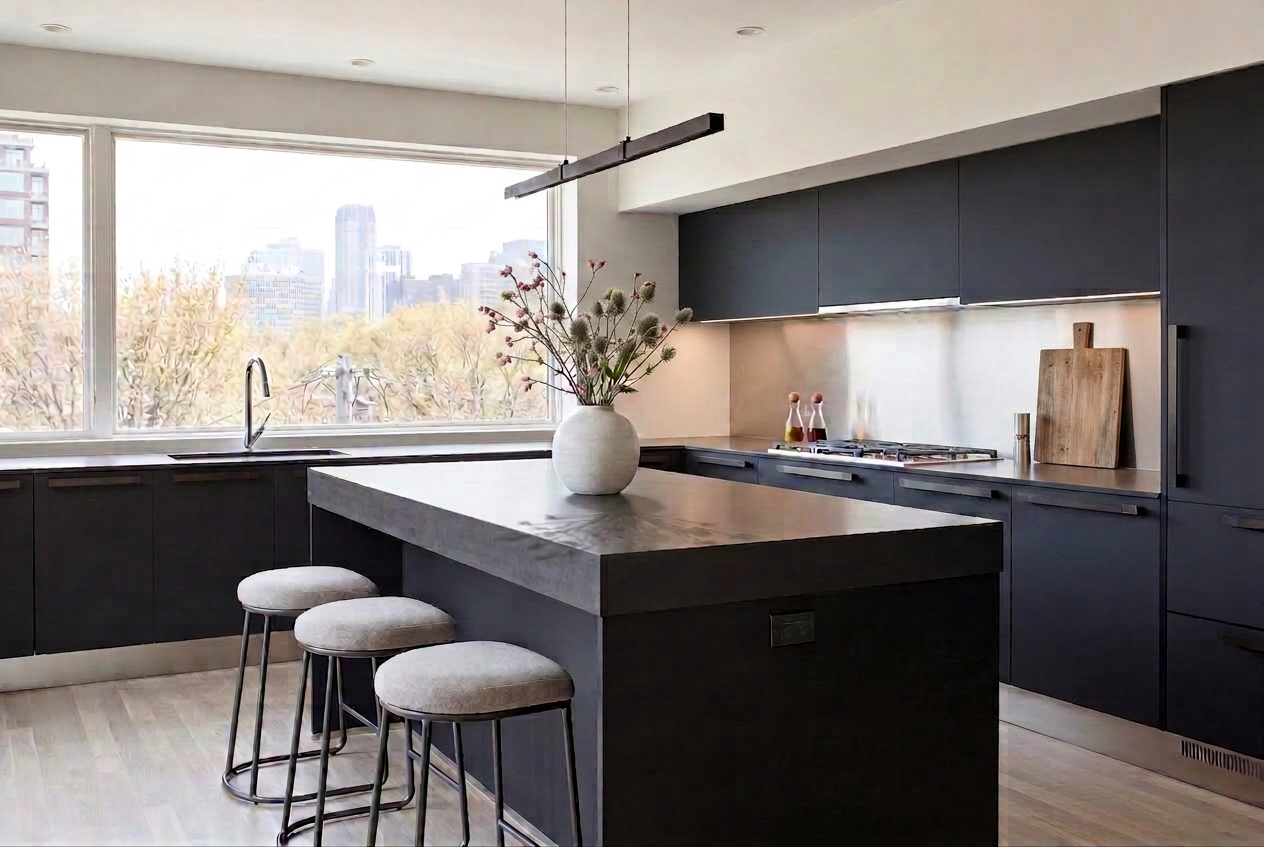 Interior Design, Lincoln Park Condo, Penthouse Kitchen, Black Kitchen, Virtually Staged