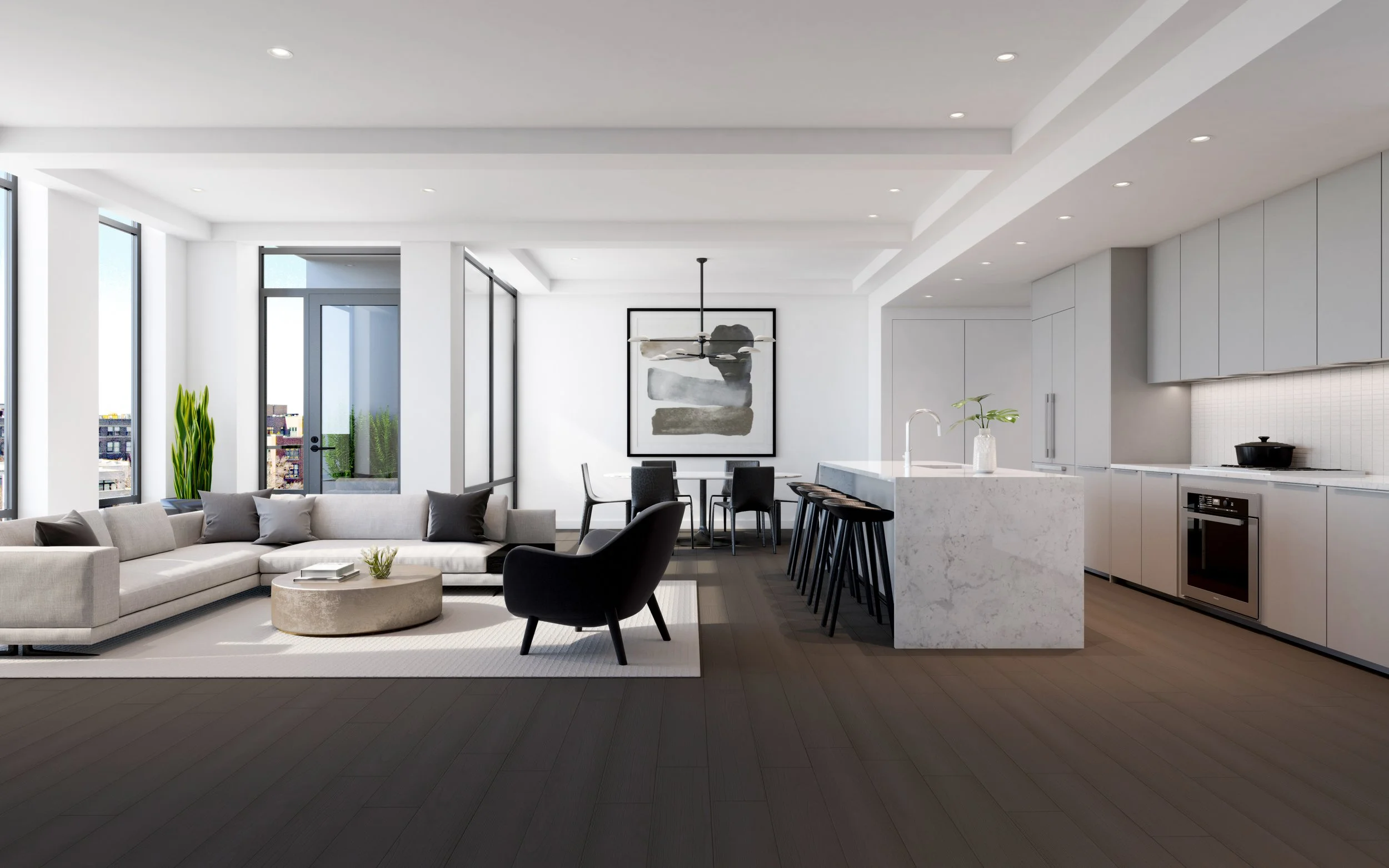 Modern open-plan living room and kitchen with large windows, white walls, gray furniture, black chairs, and minimalist decor.