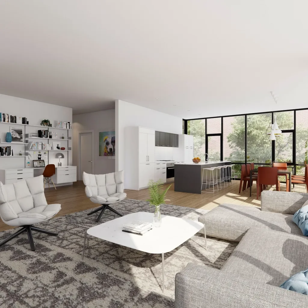 Open concept living room and kitchen with white furniture, large windows, and a dining area with red chairs.