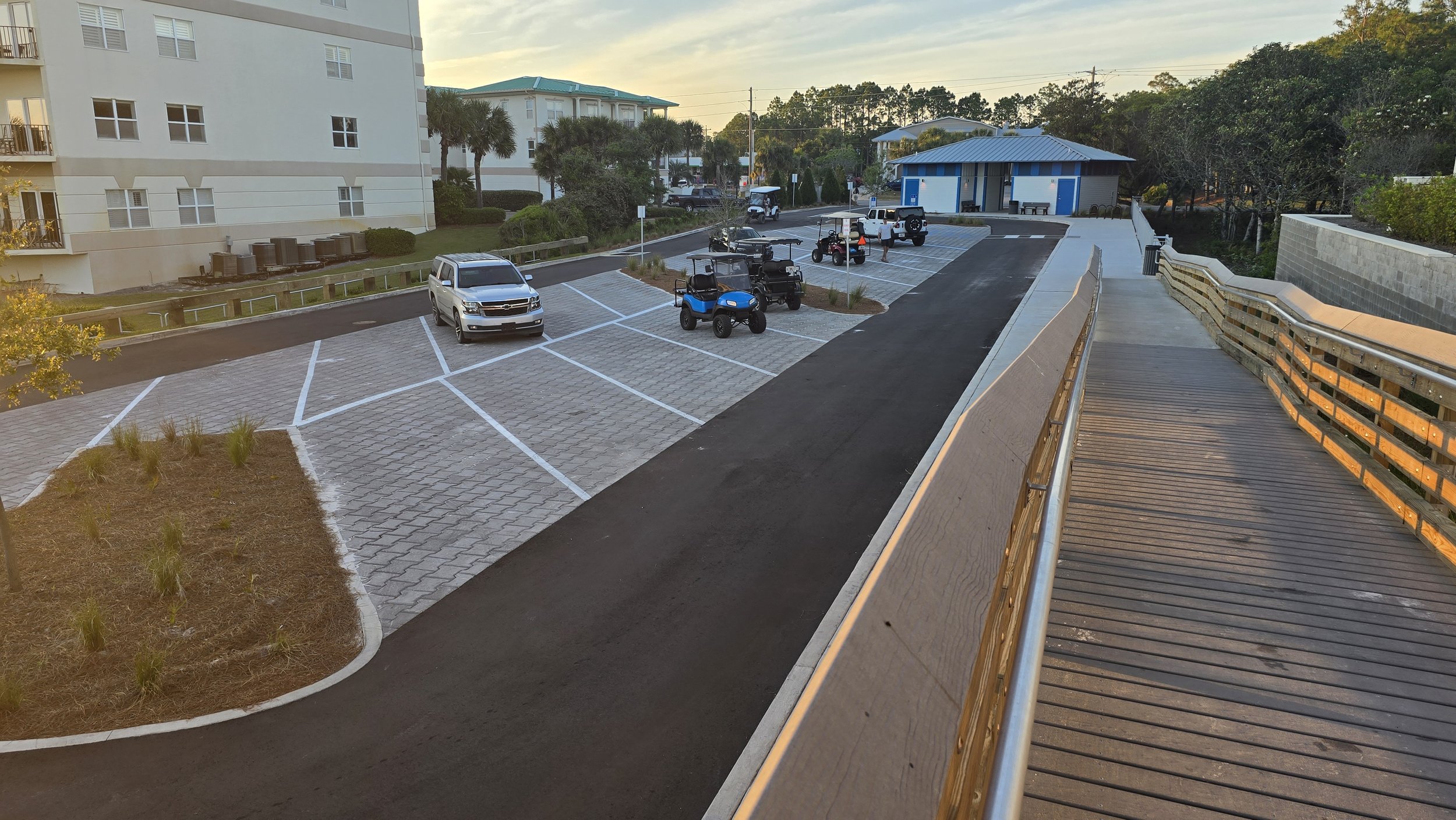 Parking area at beach access with bathrooms