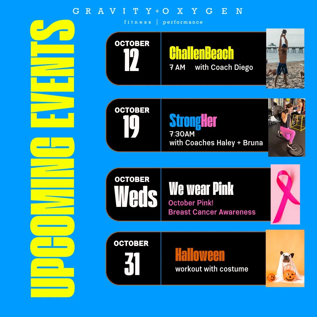 🎉 Get ready for an exciting October at Gravity + Oxygen! 💪✨ ⁠
⁠
Join us for our thrilling events: kick off the month on the 12th with our Challengeach, bring your A-game on the 19th for StrongHer, show your support every Wednesday by wearing pink, 