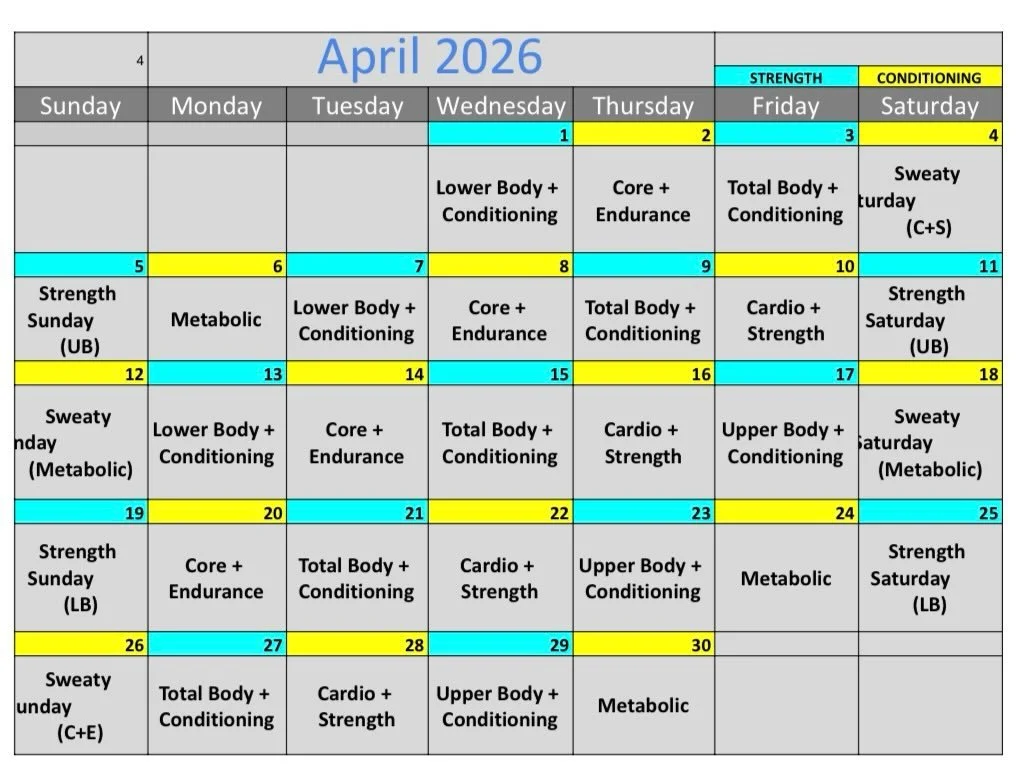 April 2026 Group Class schedule for more information visit gravityandoxygen.com