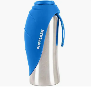 Stainless steel water bottle with a blue insulated sleeve and a matching blue strap, branded BUUPLASK.