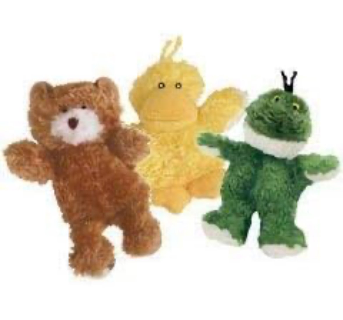 Three colorful plush toys resembling a bear, a dinosaur, and a snail against a white background.
