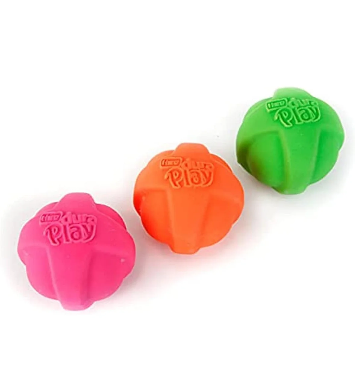 Colorful rubber toy balls in pink, orange, and green with 'Let’s Play' embossed on each.