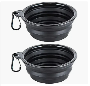 Two black collapsible buckets with metal carabiner clasps