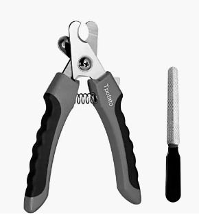 A pair of black and gray dog nail trimmers with a spring mechanism and a black-handled file tool beside them.