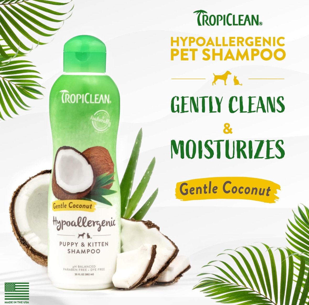 TropicClean hypoallergenic pet shampoo with coconut, emphasizing gentle cleaning and moisturizing, featuring a bottle with coconut images and tropical leaves.