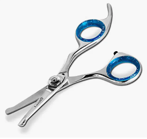 Dog grooming scissors with blue glitter handle, open and placed on a white background.