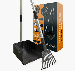 A Pooper Scooper Set with a dustpan, a rake, and a box packaging