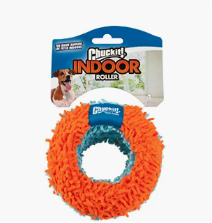 Orange and teal indoor Chuckit! dog toy roller with shaggy texture, package included