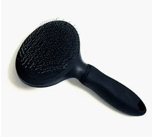Black slicker dog brush with a rounded comb surface and a handle.