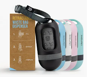 Retractable waste bag dispenser with three colored waste bags in pink, blue, and white