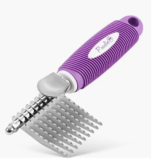 Purple demoting dog comb with a purple handle and metal tines.