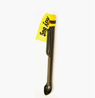 A dog pooper scooper with a yellow disposal bag attached.