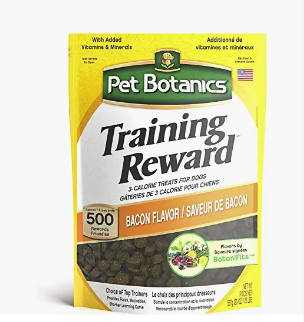 Bag of Pet Botanics Training Reward treats with bacon flavor for dogs, containing added vitamins and minerals, and suitable for training.