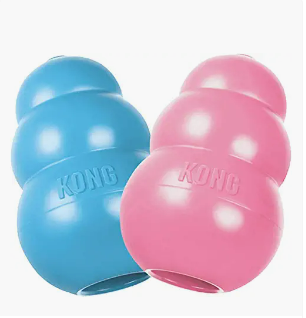 Blue and pink KONG dog toys shaped like dumbbells.
