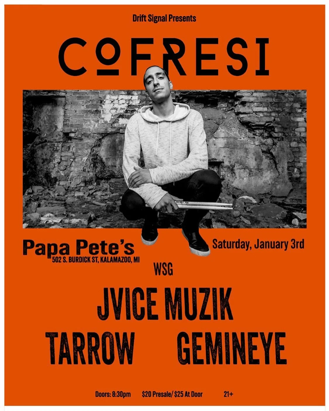 Catch me in Kalamazoo, MI on Jan 3rd at Papa Pete&rsquo;s 🥁

Support from:
@jvicemuzikofficial 
@tarrow_official
@grandmaster_gemineye_ 

@driftsignalevents 👊🏽

Tickets in linktr.ee bio 🎫

#live #bass #music #kalamazoo #beats