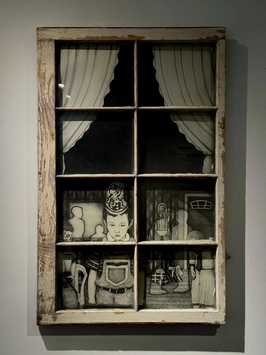 Calladito Te Ves Más Bonito (Installation), 2026, Graphite Drawing, Lithograph, Wood and Glass, 44 x 28 inches.