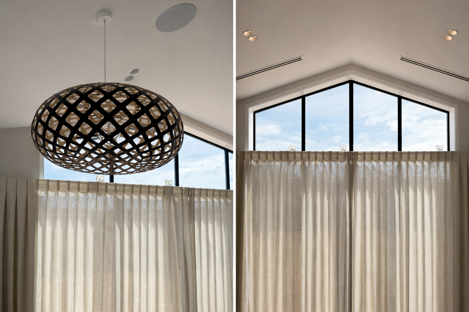 Curtain installation across window with raked top.