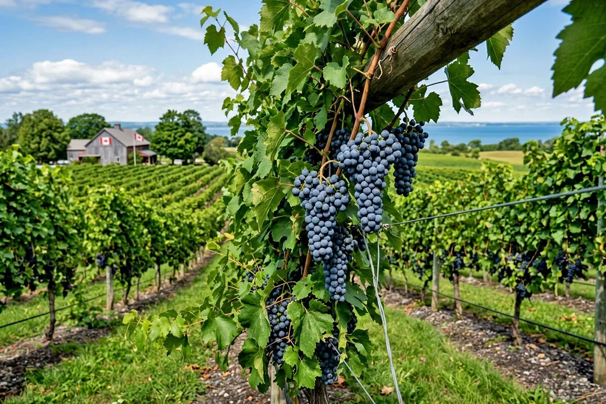 Gamay grapes on a vineyard in Prince Edward County.