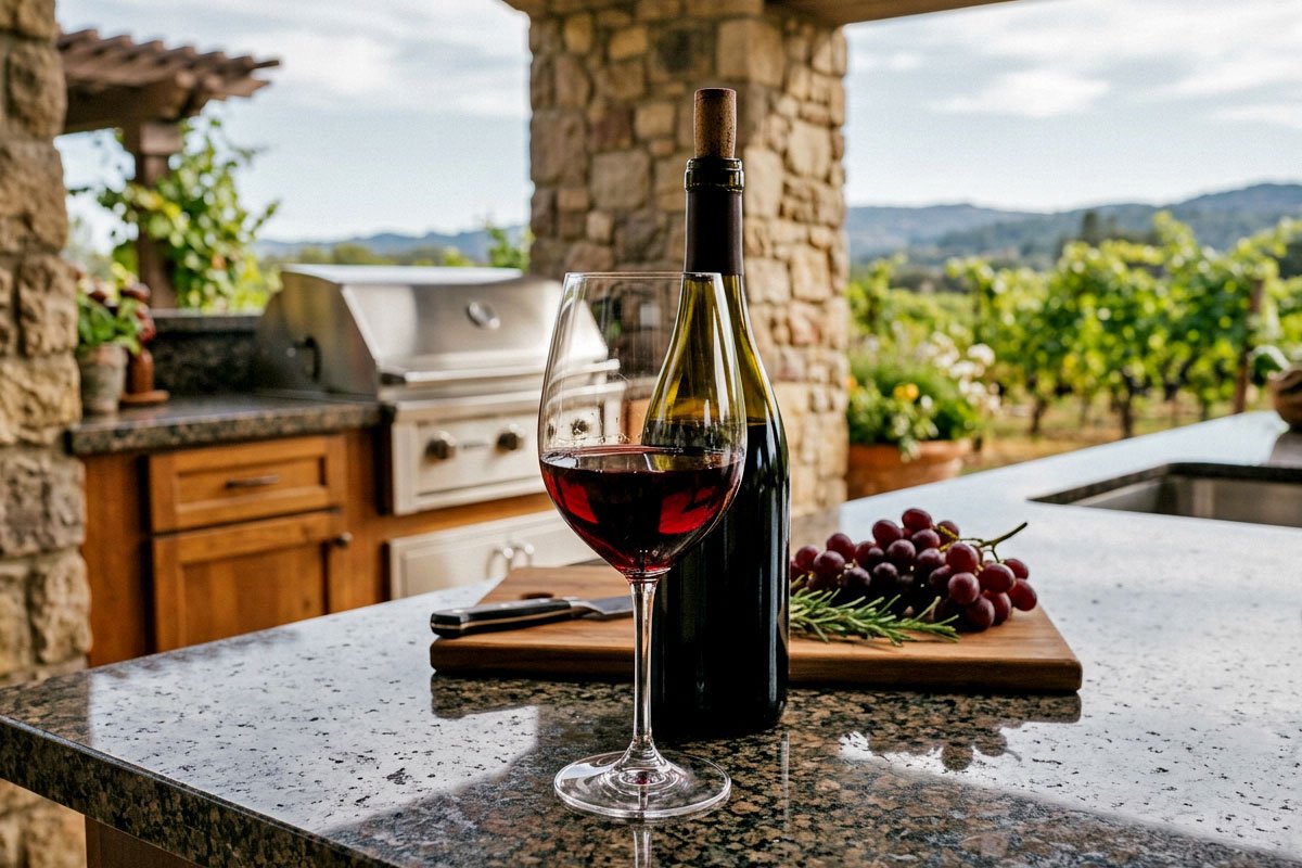 Pinot Noir wine in a glass in an outdoor kitchen.