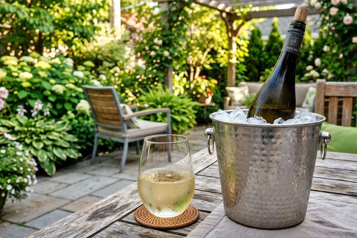 Riesling chilling on a backyard patio.