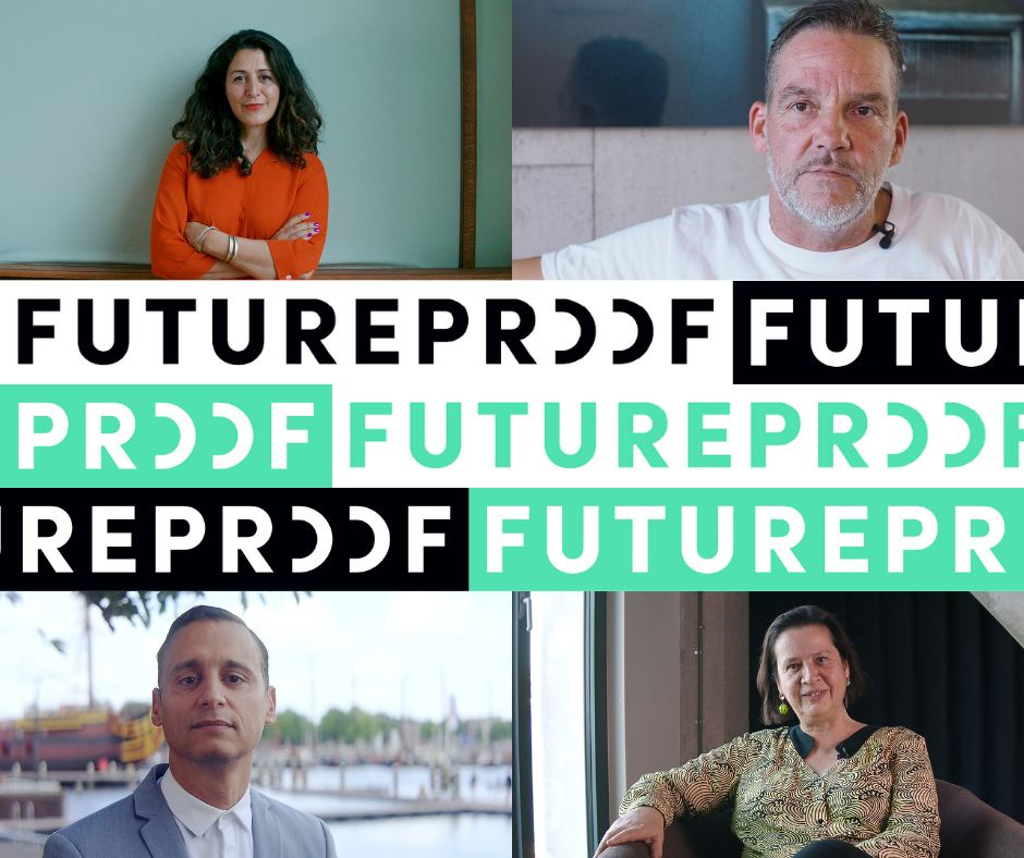 Vier portretfoto's van volwassen mensen, twee mannen en twee vrouwen, met een grafische overlay met het woord 'FUTUREPROF' en 'FUTUREP' in verschillende stijlen en kleuren.