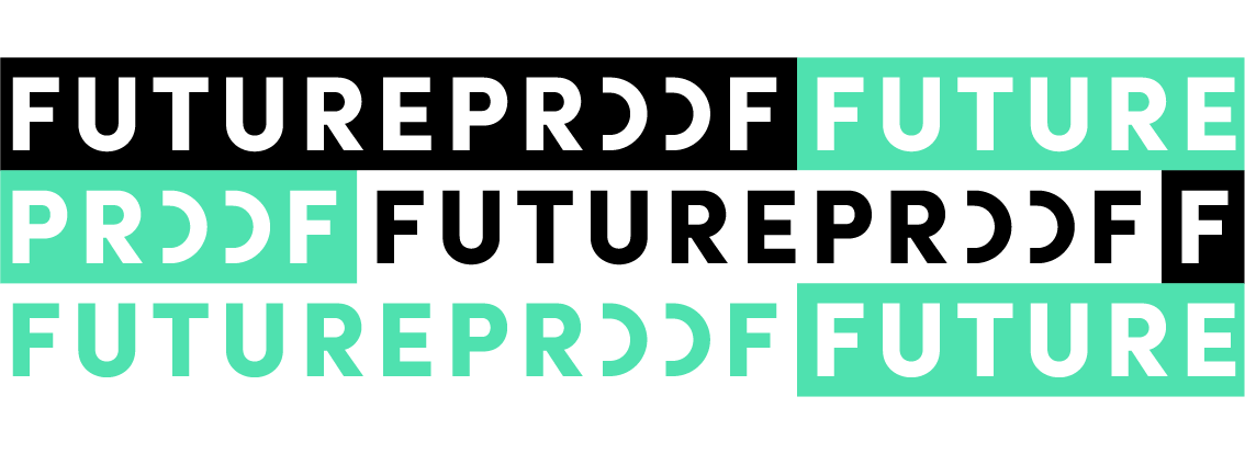 Herhaald woord 'FUTURE' in zwart, wit en teal kleuren met verschillende letterstijlen en groottes.