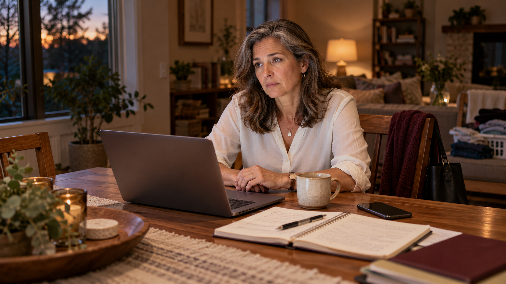 Woman pausing over her laptop during an evening job search at her dining table.