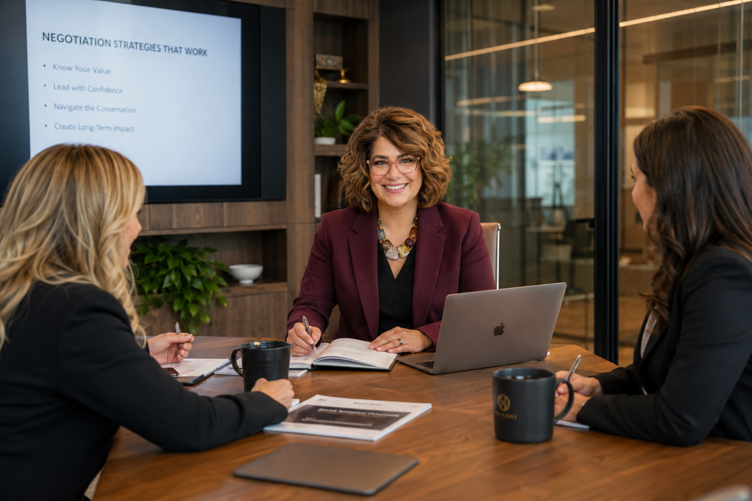Executive career coach leading a salary negotiation strategy session with professional women in a modern office