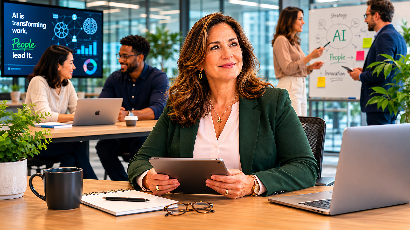 Professional woman using artificial intelligence tools while planning career growth and leadership development