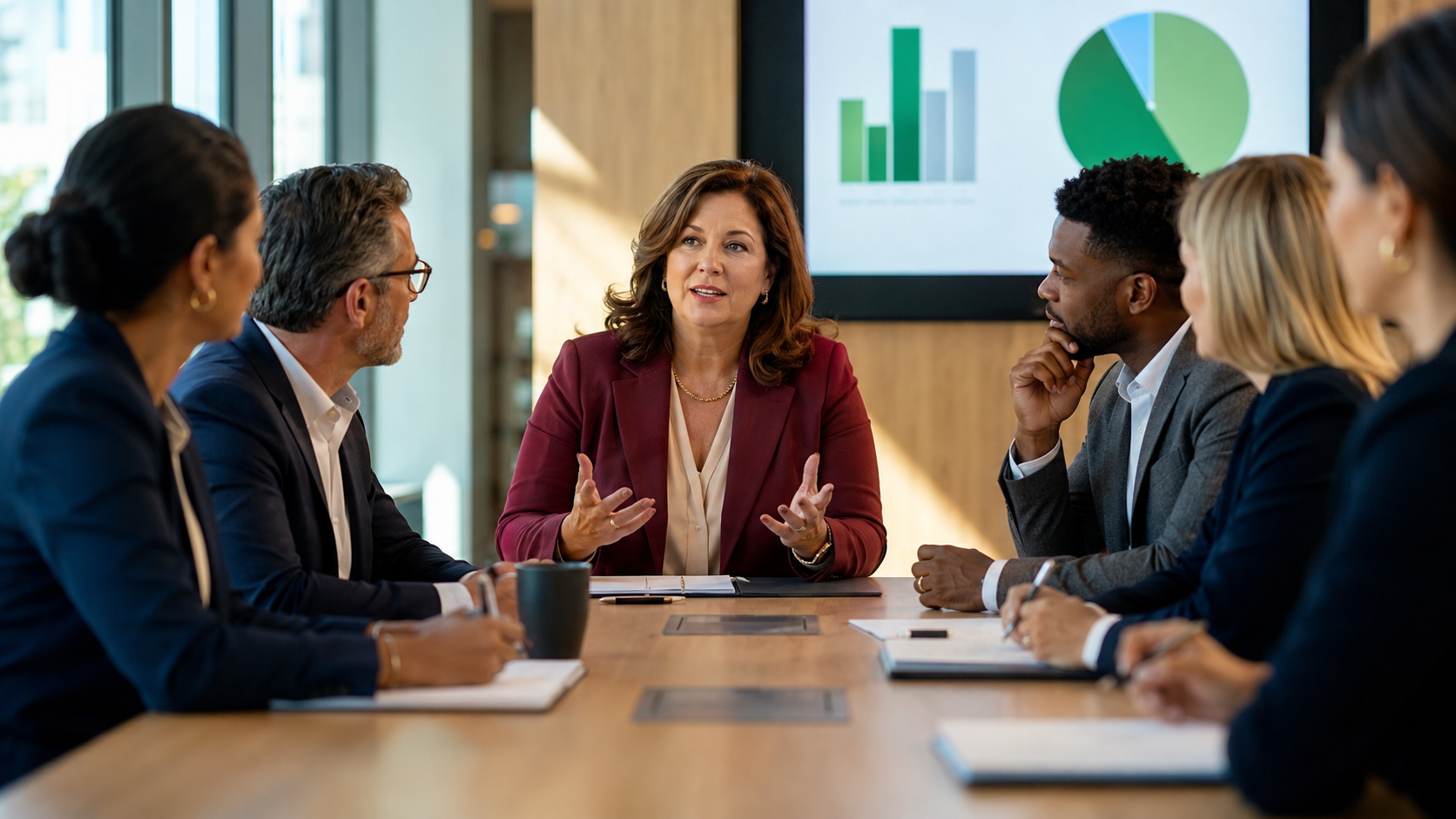 Professional woman leading a business meeting while demonstrating executive presence, influence, and leadership skills associated with promotion readiness
