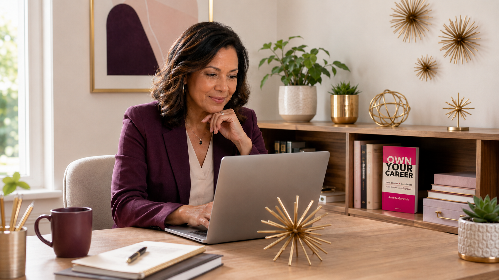 Experienced Gen X professional woman reviewing a job posting on her laptop while planning her career growth.