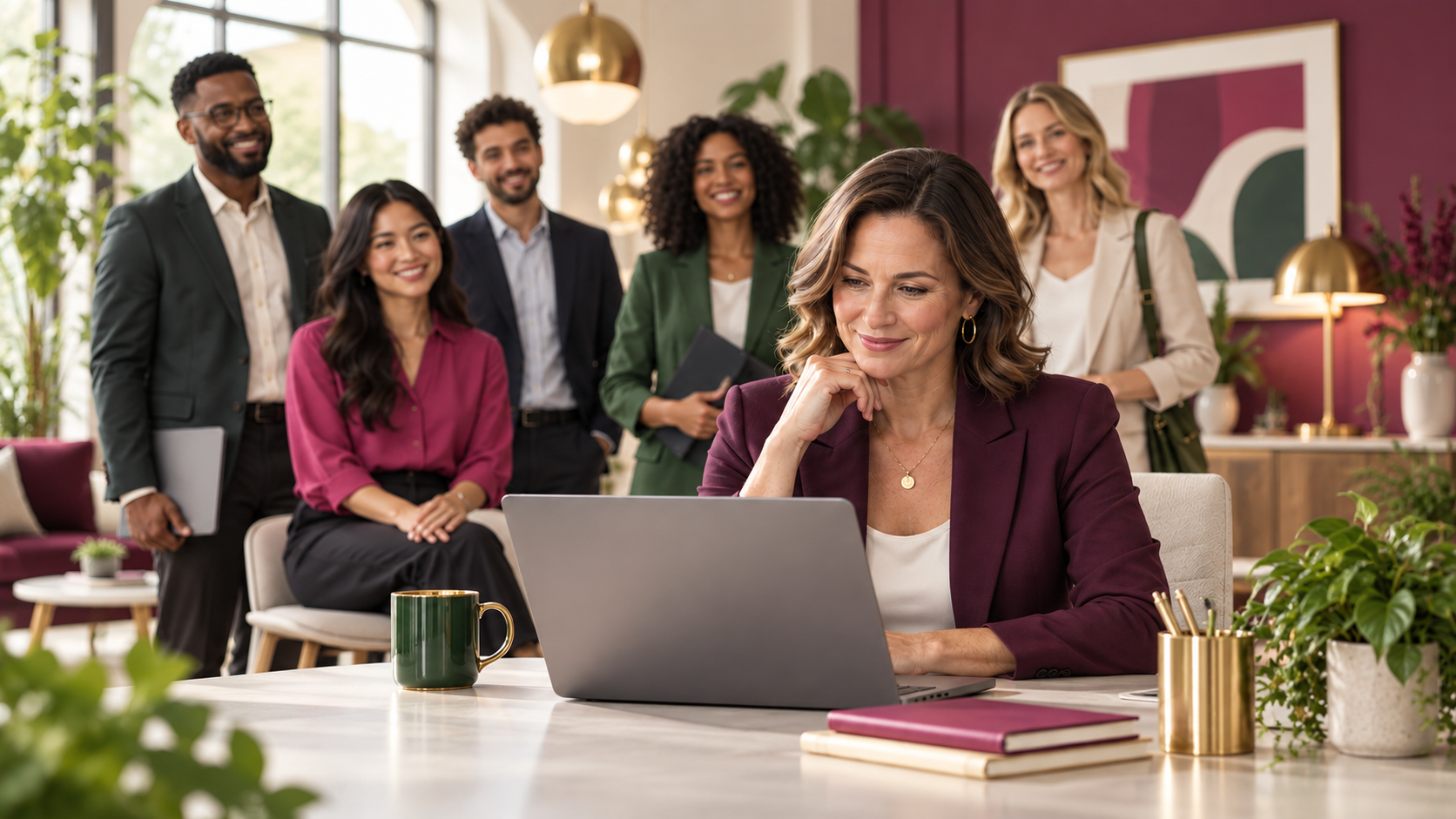 Hiring leader reviewing a job posting on her laptop with a diverse group of professional candidates in a welcoming workplace.