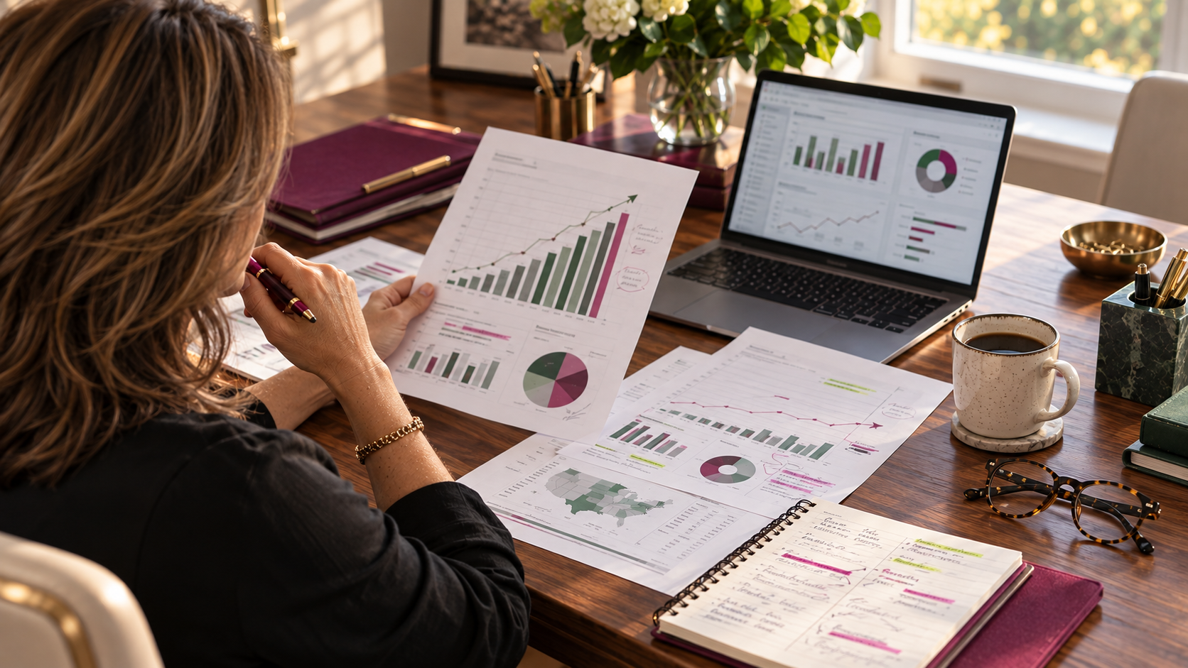 Gen X professional woman comparing August 2026 employment reports and job market data at her desk.