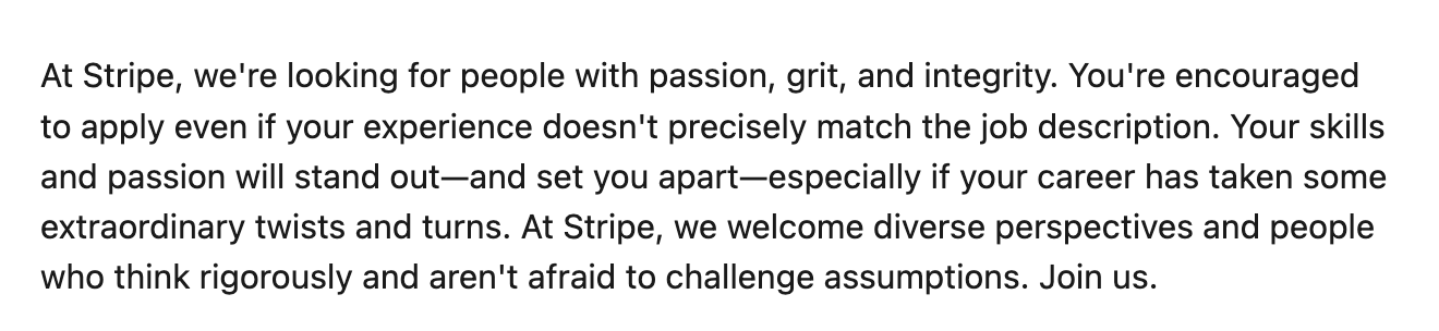 Stripe job posting encouraging candidates with passion, grit, diverse perspectives, and unconventional career paths to apply.