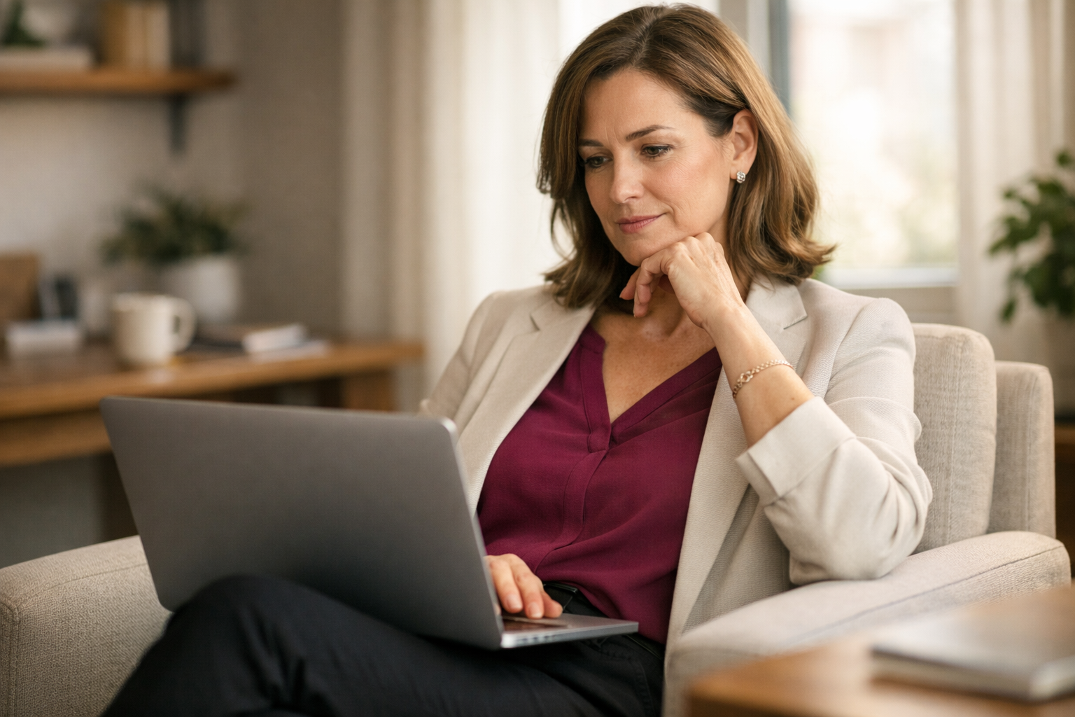 Professional woman over 40 reflecting on career change and planning her next move