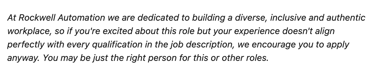 Rockwell Automation job posting encouraging interested candidates to apply even if their experience does not align perfectly with every qualification.