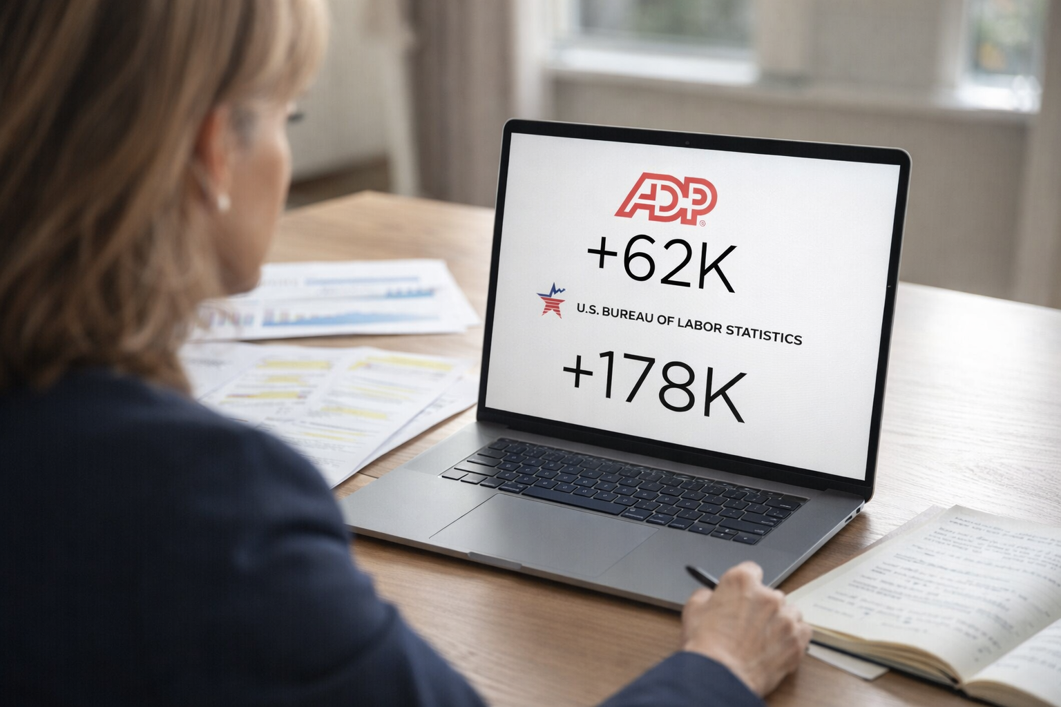 Over-the-shoulder view of professional woman analyzing job market reports and data on laptop