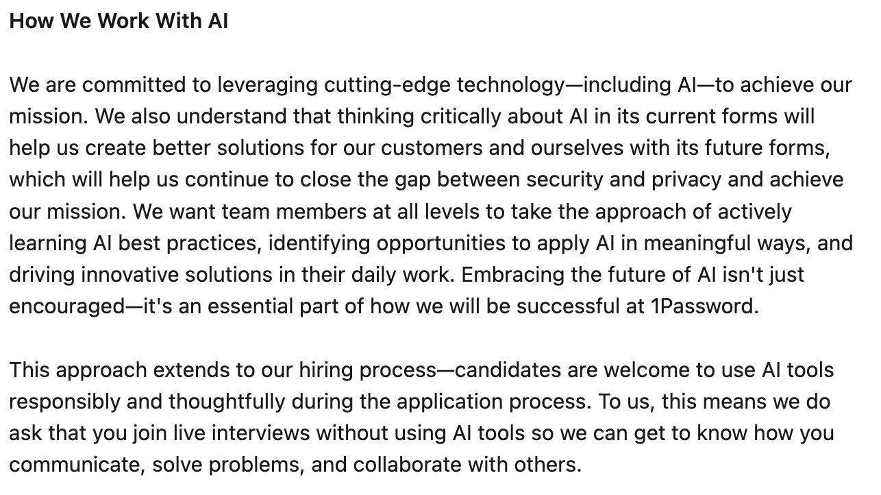 1Password job posting explaining its approach to AI at work and responsible AI use during the application and interview process.