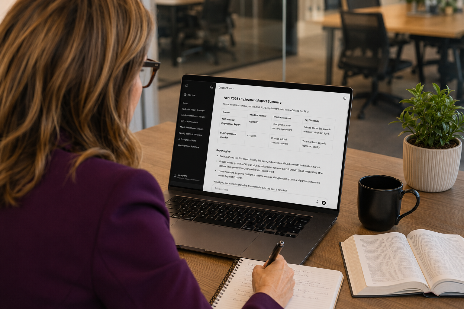 Professional woman learning and experimenting with AI tools in a modern workplace