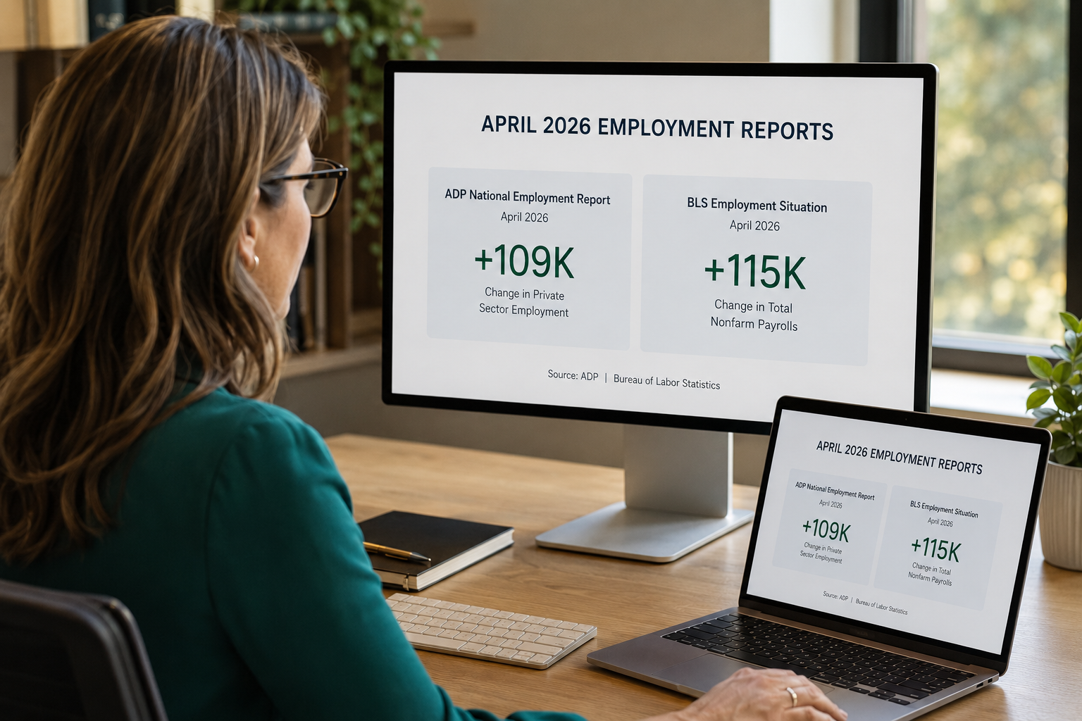 Professional woman reviewing April 2026 employment reports and workforce trends on computer screens