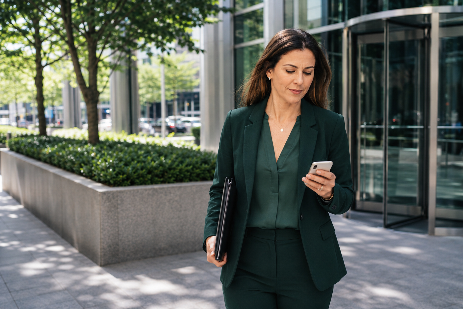 Professional Gen X woman leaving an office interview with confidence while checking her phone.
