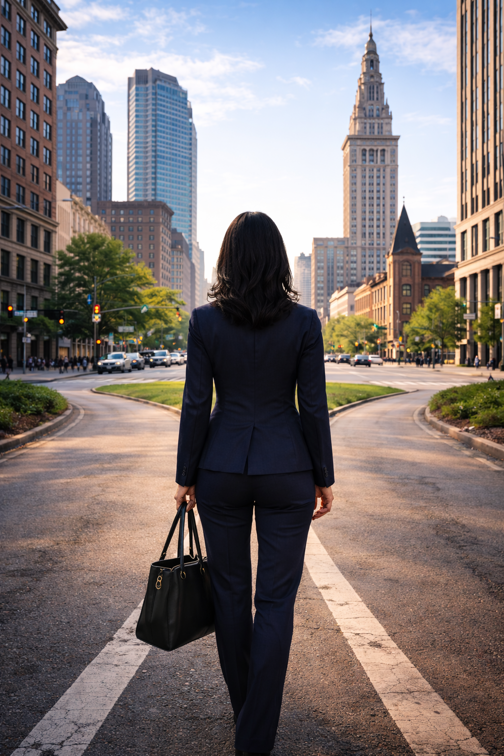 Professional woman standing at a crossroads in a city considering her career direction