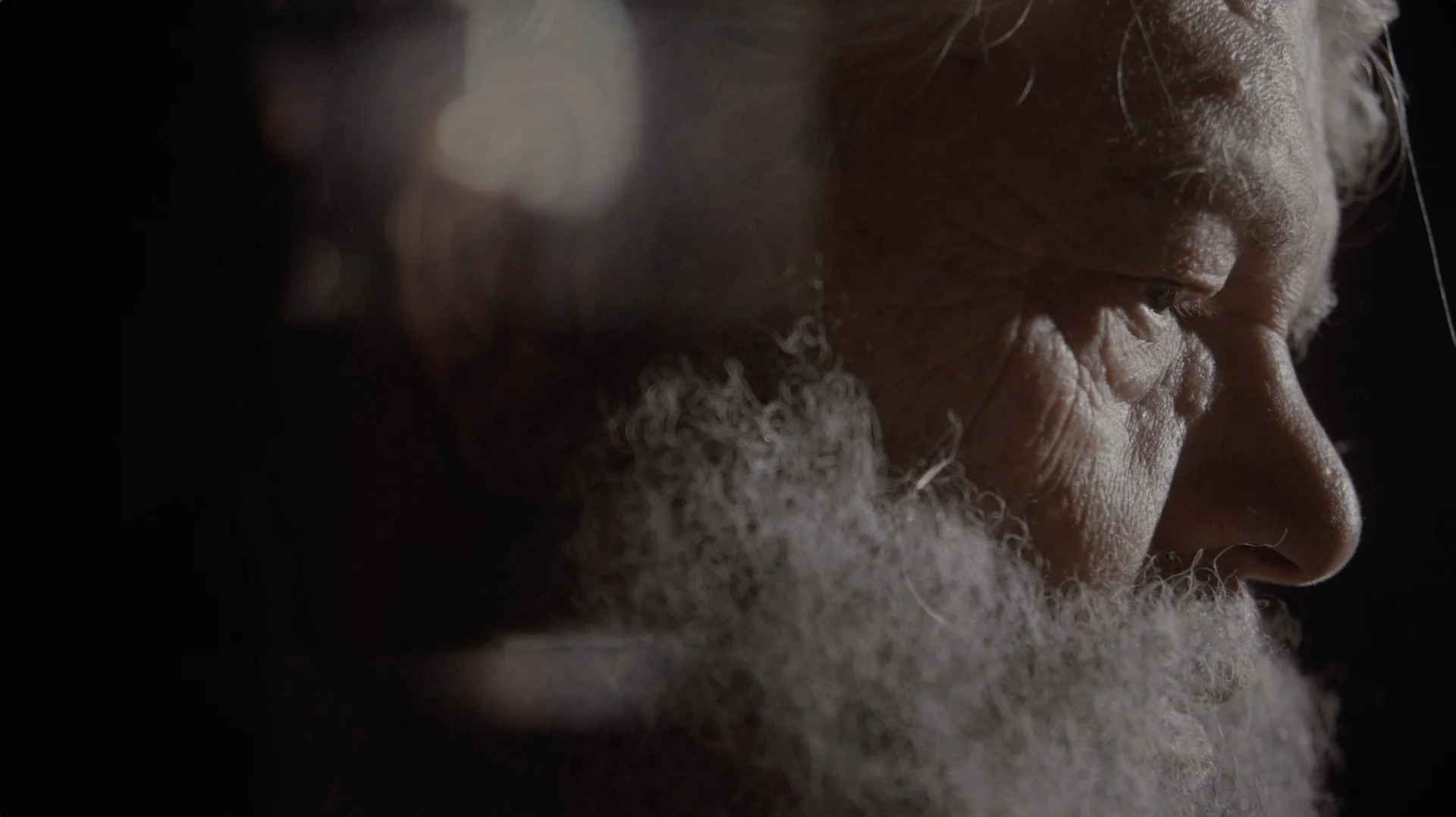 A close up of an elderly man's face in profile. He has a large scruffy white beard. 