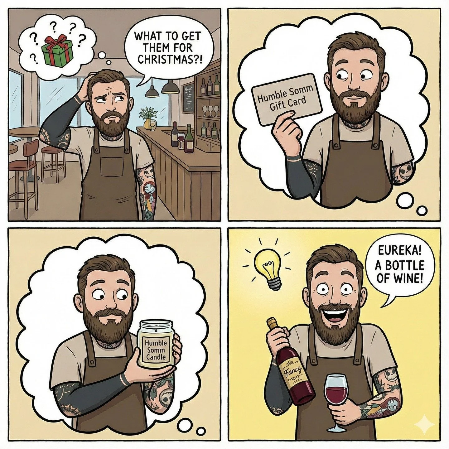 Even cartoon me knows this is the winning combination for Christmas. 😄🎄

Don't overcomplicate it this year. Give them what they actually want: Great wine, ambiance, and the freedom to choose their own favorites with a Humble Somm gift card.

Swipe 